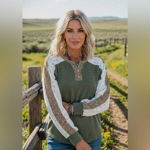 Olive Green and White Women's Top